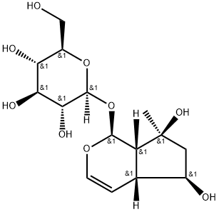 [(1S)-1,4aα,5,6,7,7aα-ヘキサヒドロ-5α,7α-ジヒドロキシ-7-メチルシクロペンタ[c]ピラン-1-イル]β-D-グルコピラノシド 化学構造式