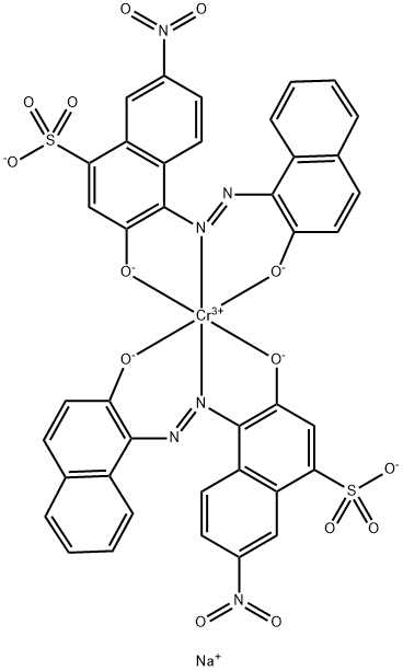 三ナトリウム＝ビス［3-（ヒドロキシ-κO）-4-｛［2-（ヒドロキシ-κO）-5，8-ジヒドロナフタレン-1-イル］ジアゼニル｝-8-ニトロ-5，8-ジヒドロナフタレン-1-スルホナト（2-）］クロマート（3-） 化学構造式