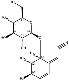 [(1Z,4R)-6β-(β-D-グルコピラノシルオキシ)-4β,5α-ジヒドロキシ-2-シクロヘキセン-1-イリデン]アセトニトリル 化学構造式