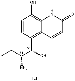 2(1H)-Quinolinone, 5-[(1R,2S)-2-amino-1-hydroxybutyl]-8-hydroxy-, hydrochloride (1:1), rel- Struktur