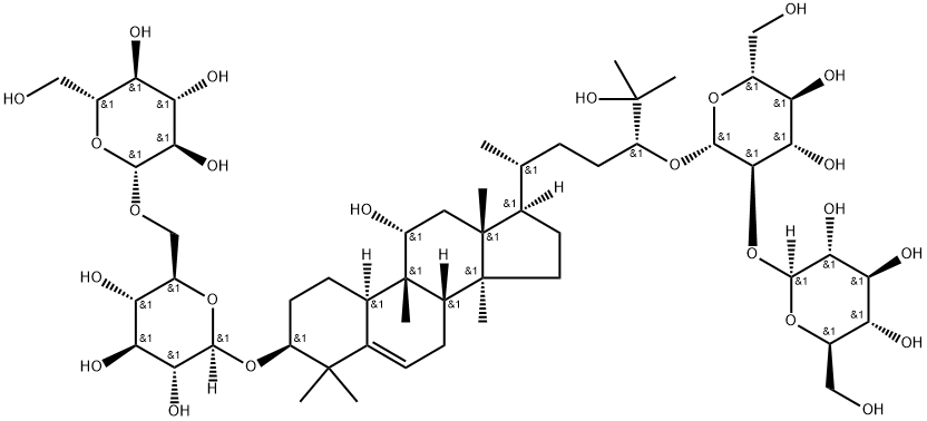 (24R)-3β-[6-O-(β-D-グルコピラノシル)-β-D-グルコピラノシルオキシ]-24-[2-O-(β-D-グルコピラノシル)-β-D-グルコピラノシルオキシ]ククルビタ-5-エン-11α,25-ジオール 化学構造式