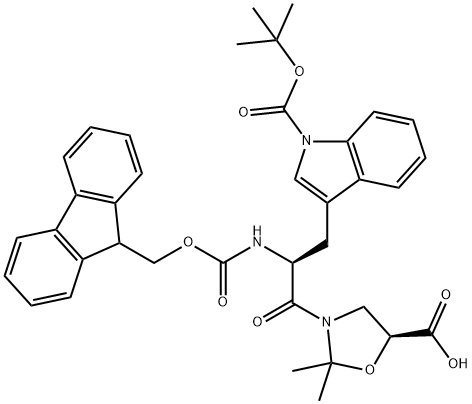 3-[(2S)-3-[(5S)-5-羧基-2,2-二甲基-3-恶唑烷基]-2-[[芴甲氧羰基]氨基]-3-氧代丙基]-1H-吲哚-1-羧酸叔丁酯, 908601-15-0, 结构式