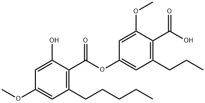 Benzoic acid, 2-hydroxy-4-methoxy-6-pentyl-, 4-carboxy-3-methoxy-5-propylphenyl ester Structure