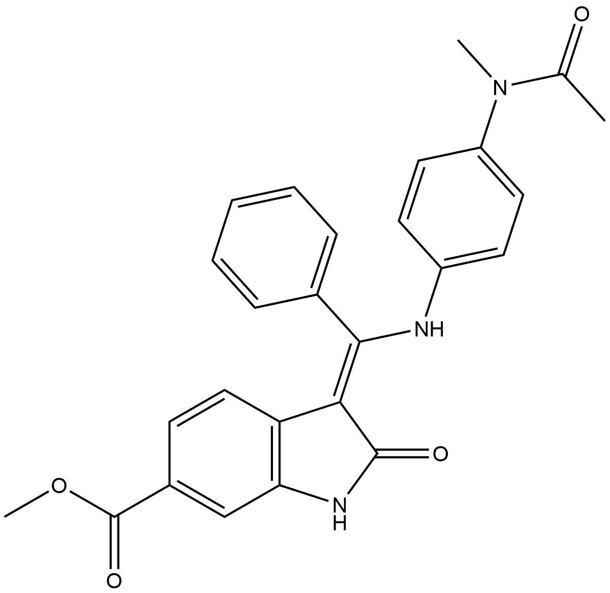 (Z)-3-(((4-乙酰氨基苯基)氨基)(苯基)亚甲基)-2-氧代二氢吲哚-6-羧酸甲酯(尼达尼布杂质), 1139458-48-2, 结构式
