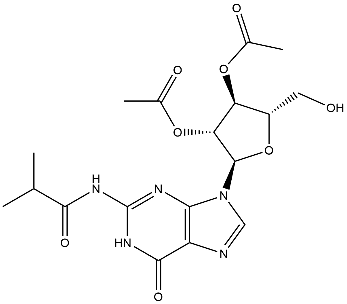 Propanamide, N-[9-(2,3-di-O-acetyl-α-L-arabinofuranosyl)-6,9-dihydro-6-oxo-1H-purin-2-yl]-2-methyl- Struktur