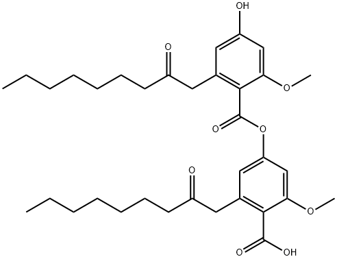 Benzoic acid, 4-hydroxy-2-methoxy-6-(2-oxononyl)-, 4-carboxy-3-methoxy-5-(2-oxononyl)phenyl ester Structure