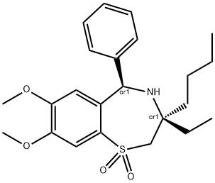 (3R)-2,3,4,5-テトラヒドロ-3β-ブチル-3-エチル-5α-フェニル-7,8-ジメトキシ-1,4-ベンゾチアゼピン1,1-ジオキシド 化学構造式