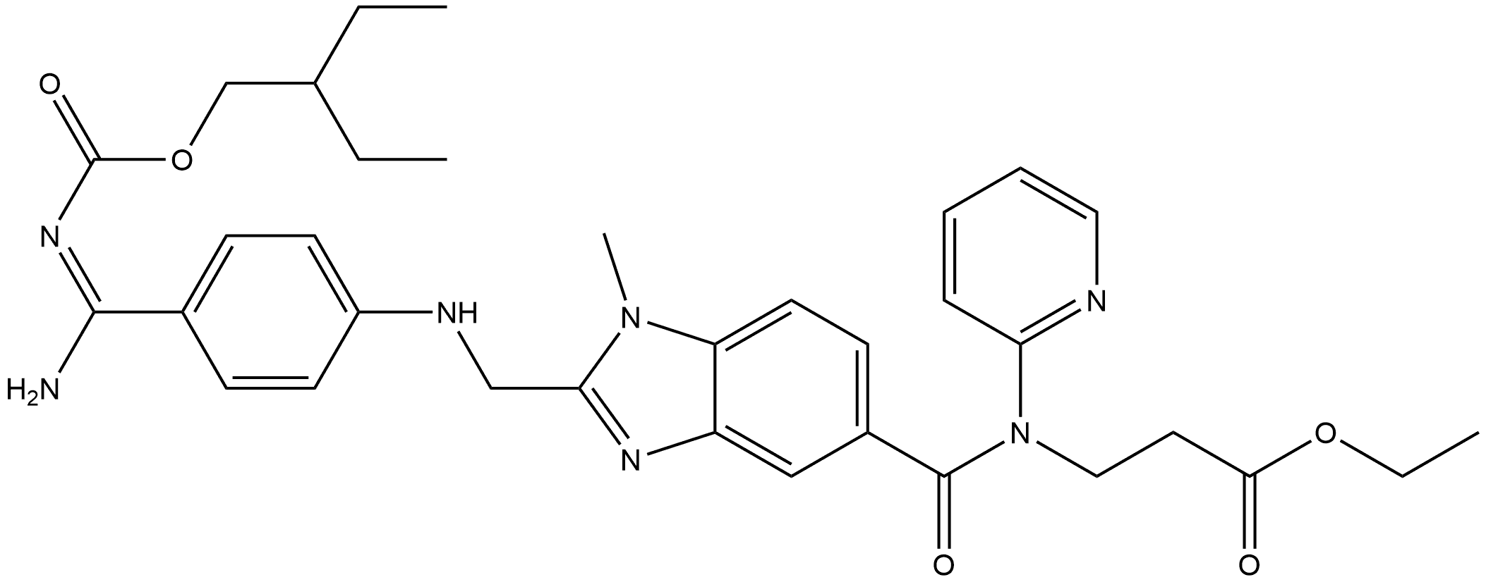 β-Alanine, N-[[2-[[[4-[(E)-amino[[(2-ethylbutoxy)carbonyl]imino]methyl]phenyl]amino]methyl]-1-methyl-1H-benzimidazol-5-yl]carbonyl]-N-2-pyridinyl-, ethyl ester, 1873316-01-8, 结构式