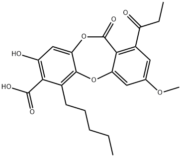 11H-Dibenzo[b,e][1,4]dioxepin-7-carboxylic acid, 8-hydroxy-3-methoxy-11-oxo-1-(1-oxopropyl)-6-pentyl- Structure