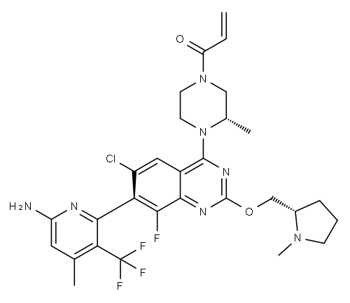 2-Propen-1-one, 1-[(3S)-4-[(7R)-7-[6-amino-4-methyl-3-(trifluoromethyl)-2-pyridinyl]-6-chloro-8-fluoro-2-[[(2S)-1-methyl-2-pyrrolidinyl]methoxy]-4-quinazolinyl]-3-methyl-1-piperazinyl]- Structure