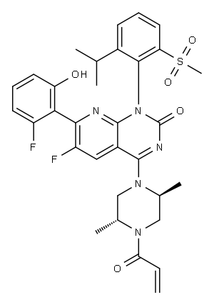 Pyrido[2,3-d]pyrimidin-2(1H)-one, 4-[(2S,5R)-2,5-dimethyl-4-(1-oxo-2-propen-1-yl)-1-piperazinyl]-6-fluoro-7-(2-fluoro-6-hydroxyphenyl)-1-[2-(1-methylethyl)-6-(methylsulfonyl)phenyl]- Structure