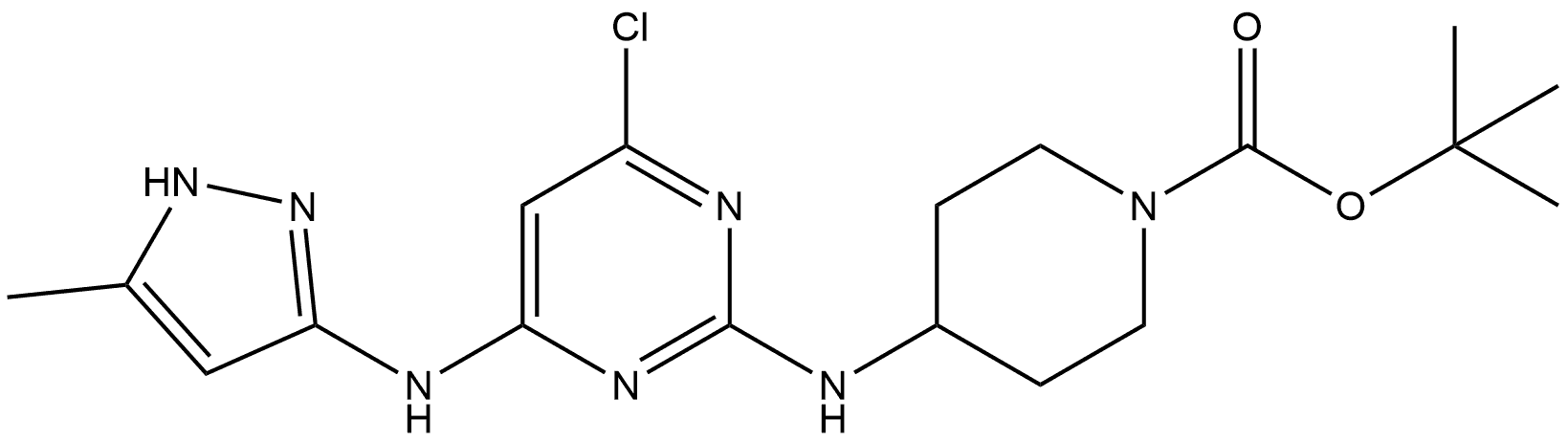 N2-(1-BOC-4-哌啶基)-6-氯-N4-(5-甲基-3-吡唑基)嘧啶-2,4-二胺, 2702965-70-4, 结构式