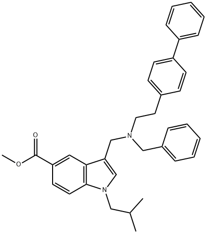 1H-Indole-5-carboxylic acid, 3-[[(2-[1,1'-biphenyl]-4-ylethyl)(phenylmethyl)amino]methyl]-1-(2-methylpropyl)-, methyl ester Structure