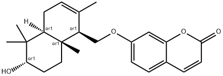 rel-7-[(1α*,4,4aβ*,5,6,7,8,8a-オクタヒドロ-2,5,5,8aα*-テトラメチル-6β*-ヒドロキシナフタレン-1-イル)メトキシ]-2H-1-ベンゾピラン-2-オン 化学構造式