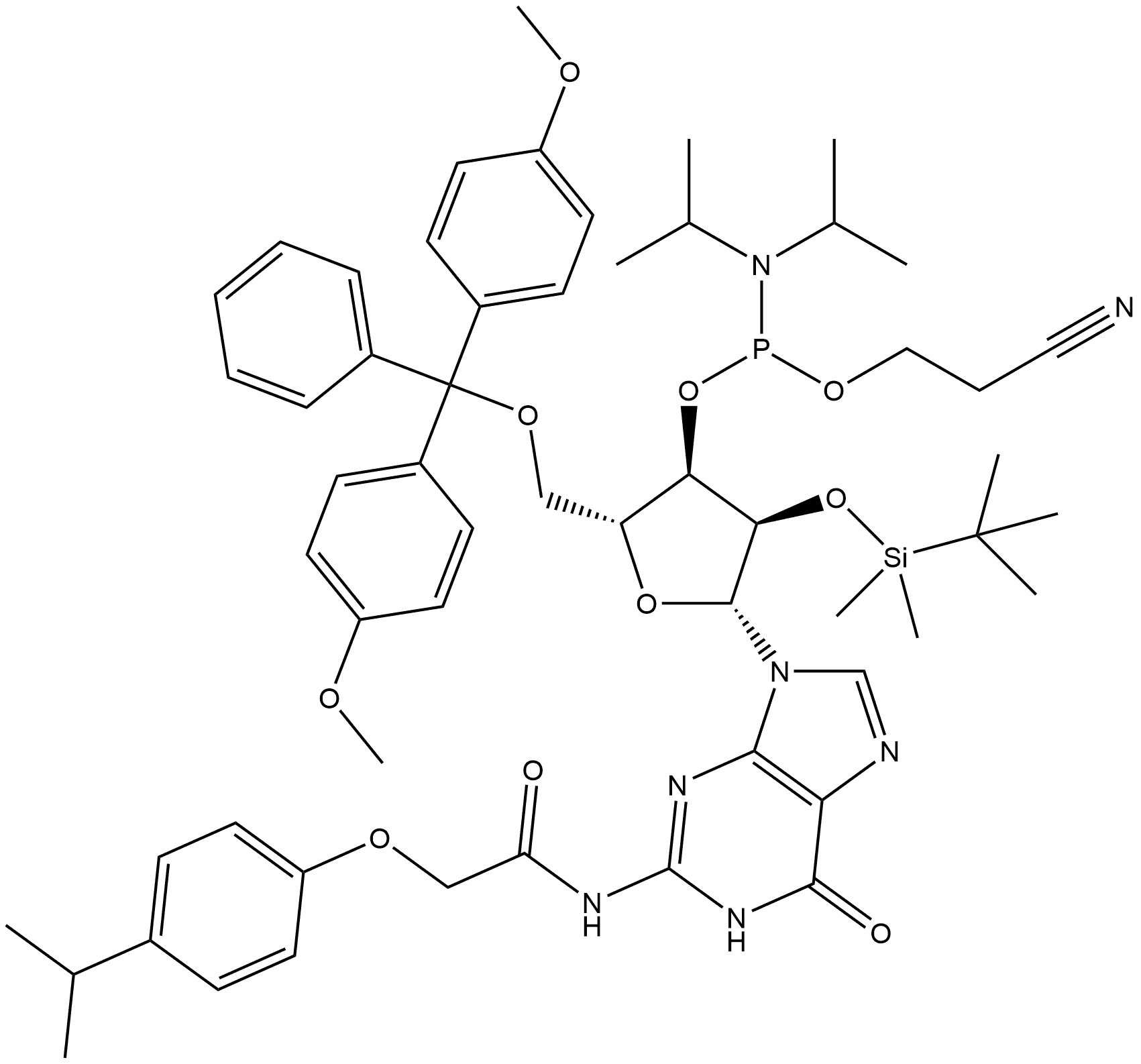 Guanosine, 5'-O-[bis(4-methoxyphenyl)phenylmethyl]-2'-O-[(1,1-dimethylethyl)dimethylsilyl]-N-[2-[4-(1-methylethyl)phenoxy]acetyl]-, 3'-[2-cyanoethyl N,N-bis(1-methylethyl)phosphoramidite] 结构式