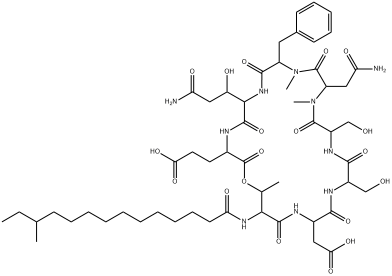 N-(12-メチルテトラデカノイル)シクロ[Thr*-L-Asp-L-Ser-L-Ser-N2-メチル-L-Asp(NH2)-N-メチル-L-Phe-4-(アミノカルボニル)-L-Thr-L-Glu-] 化学構造式
