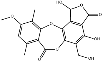 7H-Isobenzofuro[4,5-b][1,4]benzodioxepin-3,7(1H)-dione, 1,4-dihydroxy-5-(hydroxymethyl)-10-methoxy-8,11-dimethyl- (9CI) Structure