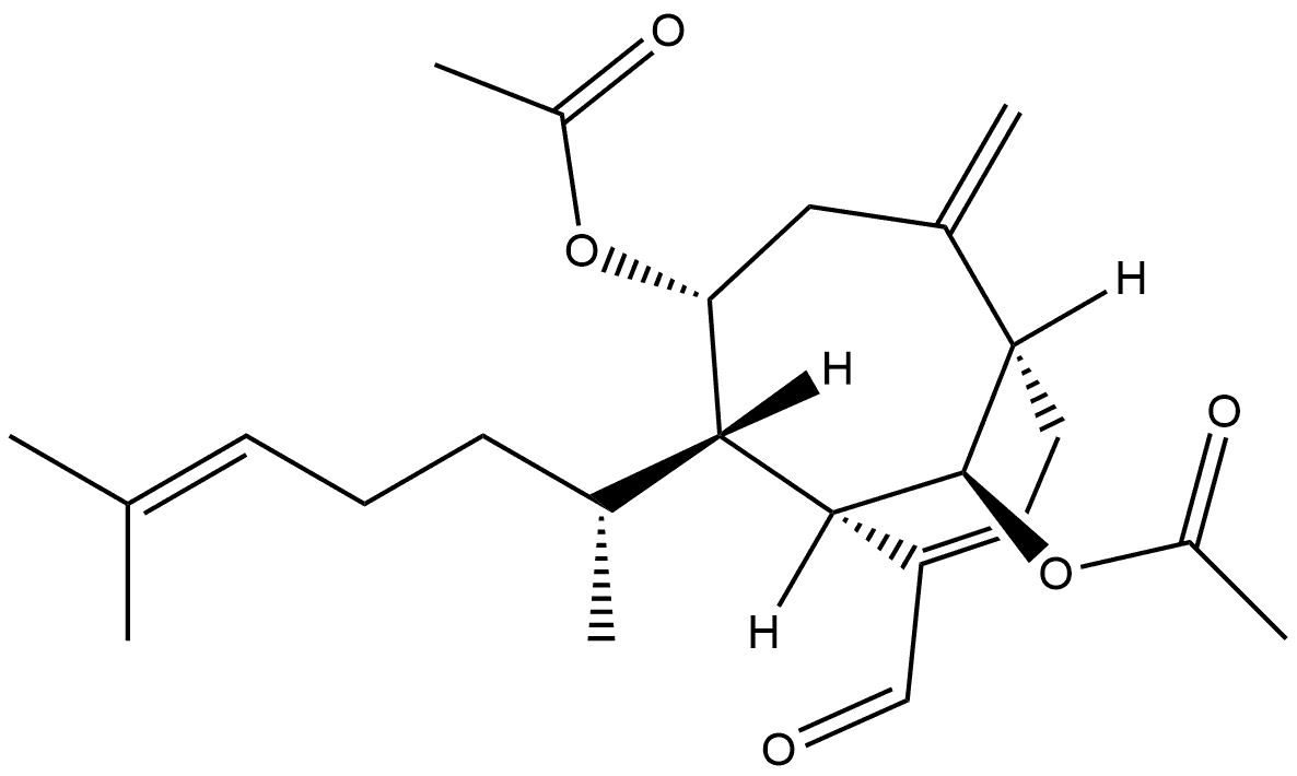 (1R,6R,10S)-4α,10-Bis(acetyloxy)-5α-[(S)-1,5-dimethyl-4-hexenyl]-2-methylenebicyclo[4.3.1]dec-7-ene-7-carbaldehyde 结构式