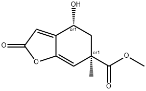 rac-2,4,5,6-テトラヒドロ-4β*-ヒドロキシ-2-オキソ-6β*-メチル-6-ベンゾフランカルボン酸メチル 化学構造式