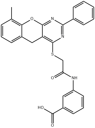 Benzoic acid, 3-[[2-[(9-methyl-2-phenyl-5H-[1]benzopyrano[2,3-d]pyrimidin-4-yl)thio]acetyl]amino]- Structure