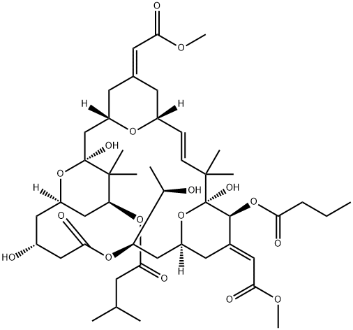 Butanoic acid, 3-methyl-, (1S,3S,5Z,7R,8E,11S,12S,13E,15S,17R,21R,23R,25S)-1,11,21-trihydroxy-17-(1R)-1-hydroxyethyl-5,13-bis(2-methoxy-2-oxoethylidene)-10,10,26,26-tetramethyl-19-oxo-12-(1-oxobutoxy)-18,27,28,29-tetraoxatetracyclo21.3.1.13,7.111,15nonaco Structure