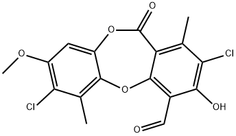 11H-Dibenzo[b,e][1,4]dioxepin-4-carboxaldehyde, 2,7-dichloro-3-hydroxy-8-methoxy-1,6-dimethyl-11-oxo- Structure