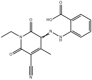 Benzoic acid, 2-?[2-?(5-?cyano-?1-?ethyl-?1,?6-?dihydro-?4-?methyl-?2,?6-?dioxo-?3(2H)?-?pyridinylidene)?hydrazinyl]?- Struktur