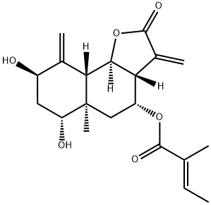 (E)-2-メチル-2-ブテン酸(3aR)-2,3,3aβ,4,5,5a,6,7,8,9,9aβ,9bα-ドデカヒドロ-6α,8β-ジヒドロキシ-5aα-メチル-3,9-ビス(メチレン)-2-オキソナフト[1,2-b]フラン-4α-イル 化学構造式