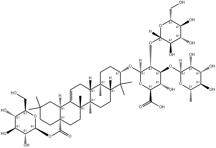 β-D-Glucopyranosiduronic acid, (3β)-28-(β-D-glucopyranosyloxy)-28-oxoolean-12-en-3-yl O-6-deoxy-α-L-mannopyranosyl-(1→3)-O-[β-D-glucopyranosyl-(1→2)]- Structure