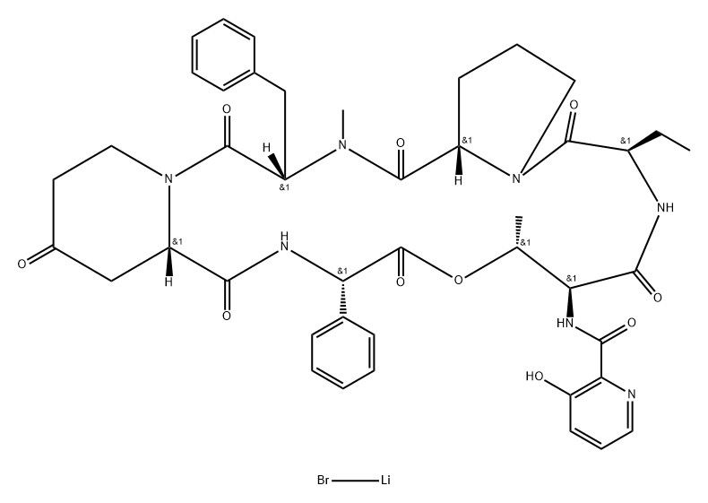 N-[(3-ヒドロキシ-2-ピリジル)カルボニル]シクロ[L-Thr*-D-Abu-L-Pro-N-メチル-L-Phe-4-オキソ-L-Pip-L-フェニルGly-]/リチウムブロミド,(1:1) 化学構造式
