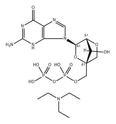 6H-Purin-6-one, 2-amino-9-[2,5-anhydro-4-C-(3,5,5-trihydroxy-3,5-dioxido-2,4-dioxa-3,5-diphosphapent-1-yl)-α-L-lyxofuranosyl]-1,9-dihydro-, compd. with N,N-diethylethanamine (1:2) 结构式