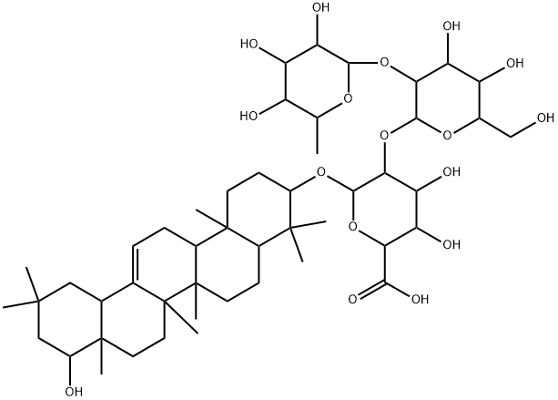 22β-ヒドロキシ-5α-オレアナ-12-エン-3β-イル2-O-[2-O-(6-デオキシ-α-L-マンノピラノシル)-β-D-ガラクトピラノシル]-β-D-グルコピラノシドウロン酸 化学構造式