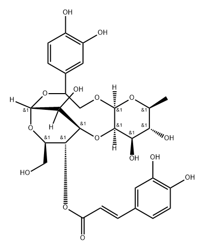 α-D-Glucopyranose, 3-O-(2,6-dideoxy-β-L-mannopyranos-2-yl)-1,1'-[1-(3,4-dihydroxyphenyl)-1,2-ethanediyl]-, 4-[(2E)-3-(3,4-dihydroxyphenyl)-2-propenoate] Structure