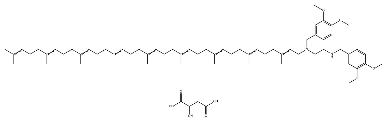N,N'-ビス[(3,4-ジメトキシフェニル)メチル]-N-(3,7,11,15,19,23,27,31,35-ノナメチル-2,6,10,14,18,22,26,30,34-ヘキサトリアコンタノナエニル)-1,2-エタンジアミン·2-ヒドロキシブタン二酸 化学構造式