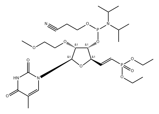 1-[(5E)-3-O-[(Bis-di-isopropyl amino)(2-cyanoethoxy) phosphino]-5,6-dideoxy-6-(diethoxyphosphinyl)-2-O-(2-methoxyethyl)-β-D-ribo-hex-5-enofuranosyl]-5-methyluracil Struktur