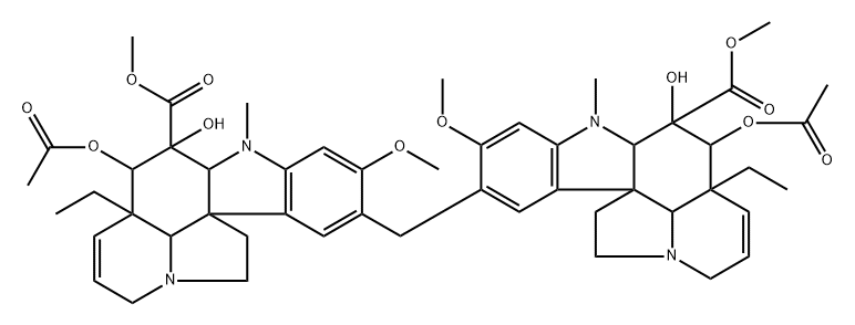 15,15'-メチレンビス[(2β,3S,5α,12R,19α)-4β-アセトキシ-6,7-ジデヒドロ-3-ヒドロキシ-16-メトキシ-1-メチルアスピドスペルミジン-3-カルボン酸メチル] 化学構造式