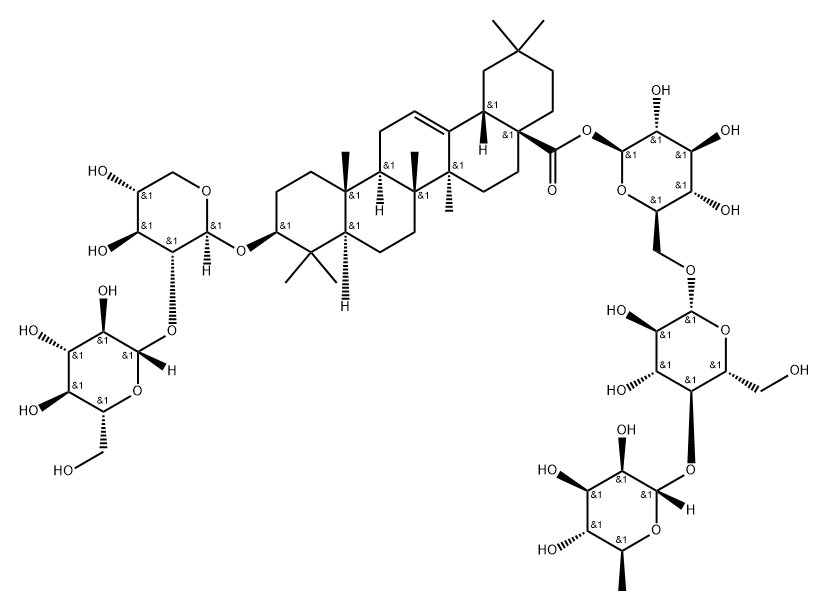 Olean-12-en-28-oic acid, 3-[(2-O-β-D-glucopyranosyl-β-D-xylopyranosyl)oxy]-, O-6-deoxy-α-L-mannopyranosyl-(1→4)-O-β-D-glucopyranosyl-(1→6)-β-D-glucopyranosyl ester, (3β)- Structure