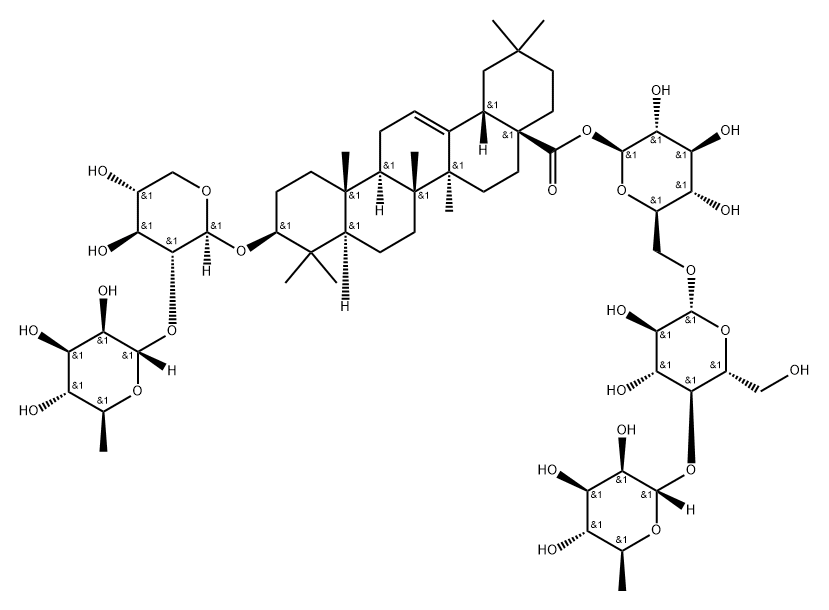 Olean-12-en-28-oic acid, 3-[[2-O-(6-deoxy-α-L-mannopyranosyl)-β-D-xylopyranosyl]oxy]-, O-6-deoxy-α-L-mannopyranosyl-(1→4)-O-β-D-glucopyranosyl-(1→6)-β-D-glucopyranosyl ester, (3β)- Struktur