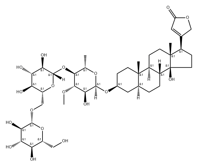 Card-20(22)-enolide, 3-[(O-β-D-glucopyranosyl-(1→6)-O-β-D-glucopyranosyl-(1→4)-6-deoxy-3-O-methyl-α-L-glucopyranosyl)oxy]-14-hydroxy-, (3β,5α)- Structure