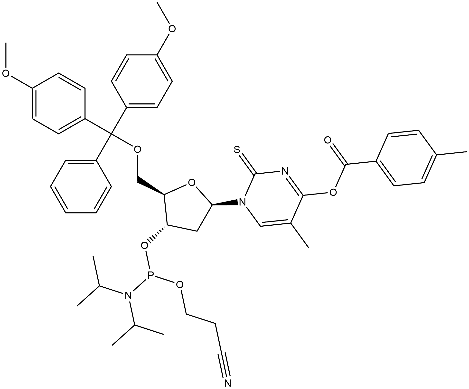 2'-Deoxy-5'-O-DMT-2-thio-N4-toluoylthymidine 3'-CE phosphoramidite Struktur