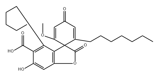 Spiro[benzofuran-3(2H),1'-[2,5]cyclohexadiene]-5-carboxylic acid, 2'-heptyl-6-hydroxy-6'-methoxy-2,4'-dioxo-4-pentyl- (9CI) Struktur