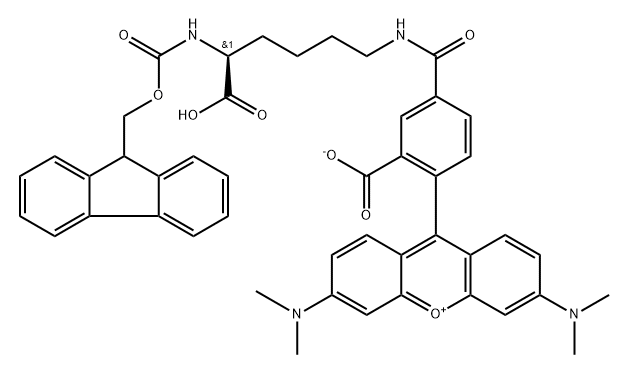 Xanthylium, 9-[2-carboxy-4-[[[(5S)-5-carboxy-5-[[(9H-fluoren-9-ylmethoxy)carbonyl]amino]pentyl]amino]carbonyl]phenyl]-3,6-bis(dimethylamino)-, inner salt Struktur