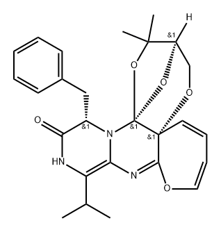 3,5a-Epoxy-2H,5aH,7H-[1,4]dioxepino[2,3-e]oxepino[2,3-d]pyrazino[1,2-a]pyrimidin-8(9H)-one, 3,4-dihydro-4,4-dimethyl-10-(1-methylethyl)-7-(phenylmethyl)-, (3R,5aS,7S,16aR)- Structure