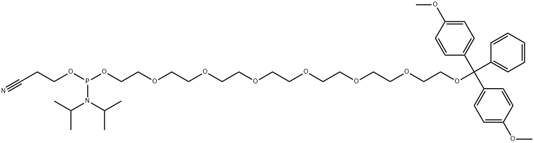 Phosphoramidous acid, bis(1-methylethyl)-, 22,22-bis(4-methoxyphenyl)-22-phenyl-3,6,9,12,15,18,21-heptaoxadocos-1-yl 2-cyanoethyl ester Structure