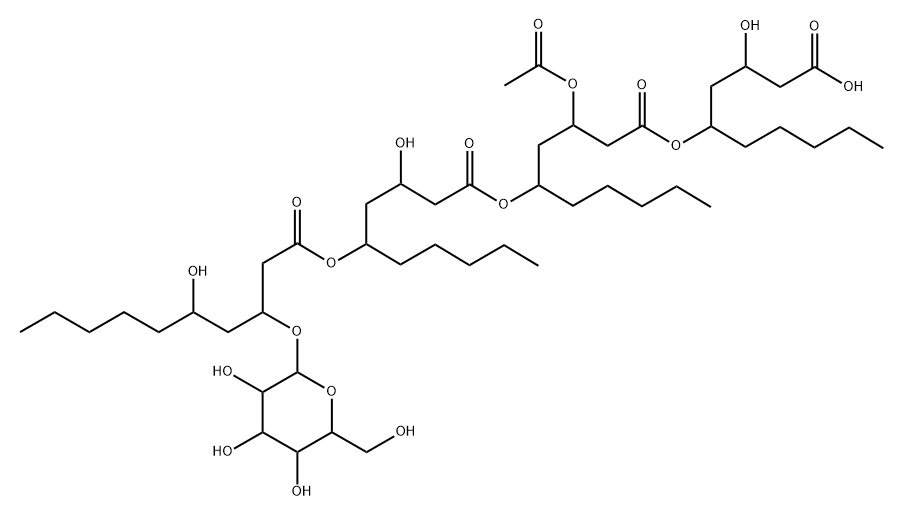 Decanoic acid, 3-(acetyloxy)-5-[[(3R,5R)-3-hydroxy-5-[[(3R,5R)-5-hydroxy-3-(β-D-mannopyranosyloxy)-1-oxodecyl]oxy]-1-oxodecyl]oxy]-, (1R)-1-[(2R)-3-carboxy-2-hydroxypropyl]hexyl ester, (3R,5R)- (9CI) Structure