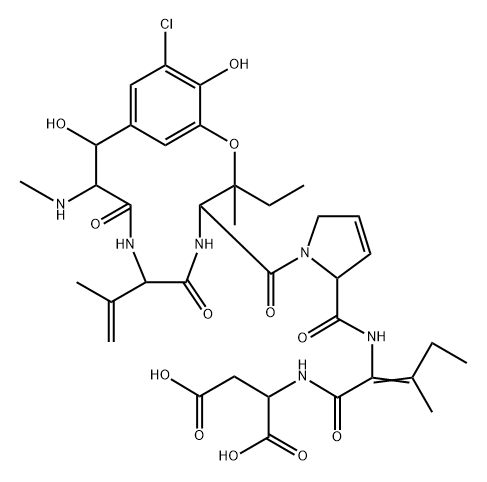 L-Aspartic acid, (βS)-3-chloro-β,5-dihydroxy-N-methyl-L-tyrosyl-3,4-didehydro-L-valyl-3-hydroxy-L-isoleucyl-3,4-didehydro-L-prolyl-(2E)-2,3-didehydroisoleucyl-, cyclic (15→3)-ether Structure