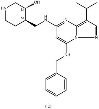 3-Piperidinol, 4-[[[3-(1-methylethyl)-7-[(phenylmethyl)amino]pyrazolo[1,5-a]pyrimidin-5-yl]amino]methyl]-, hydrochloride (1:1), (3R,4R)- Structure