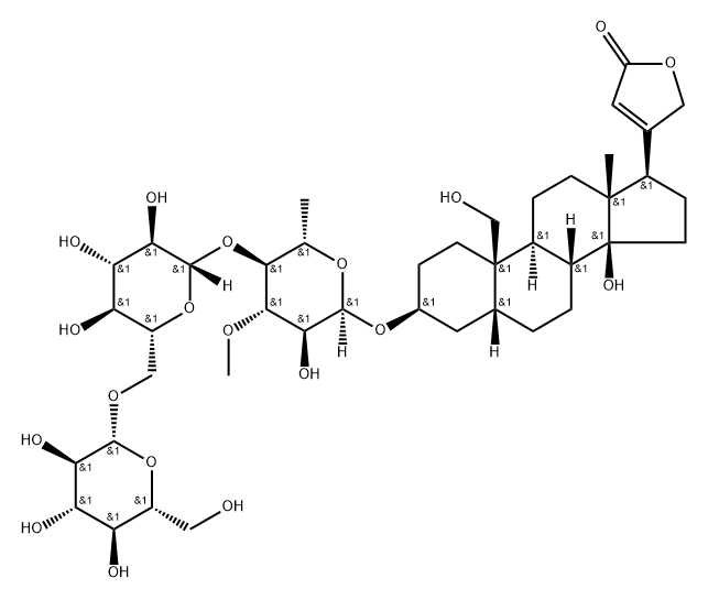 Card-20(22)-enolide, 3-[(O-β-D-glucopyranosyl-(1→6)-O-β-D-glucopyranosyl-(1→4)-6-deoxy-3-O-methyl-α-L-glucopyranosyl)oxy]-14,19-dihydroxy-, (3β,5β)- Structure