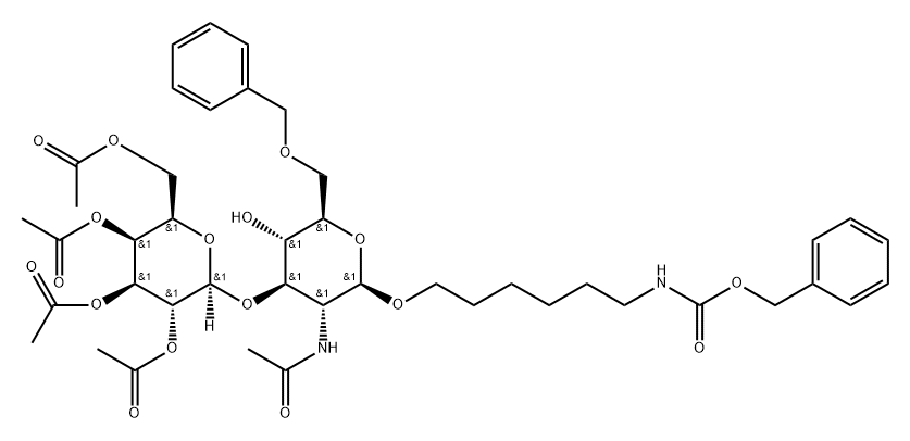 Carbamic acid, 6-2-(acetylamino)-2-deoxy-6-O-(phenylmethyl)-3-O-(2,3,4,6-tetra-O-acetyl-.beta.-D-galactopyranosyl)-.beta.-D-glucopyranosyloxyhexyl-, phenylmethyl ester Struktur