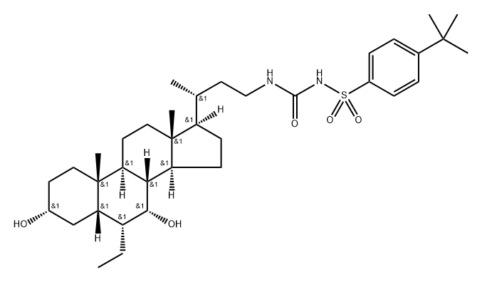 Benzenesulfonamide, 4-(1,1-dimethylethyl)-N-[[[(3α,5β,6α,7α)-6-ethyl-3,7-dihydroxy-24-norcholan-23-yl]amino]carbonyl]- Structure